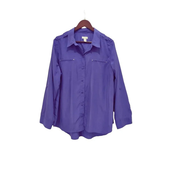 Chico's Button Up Purple Shirt Modal Blend Soft Casual Roll Tab Sleeves Size XL - Picture 2 of 7